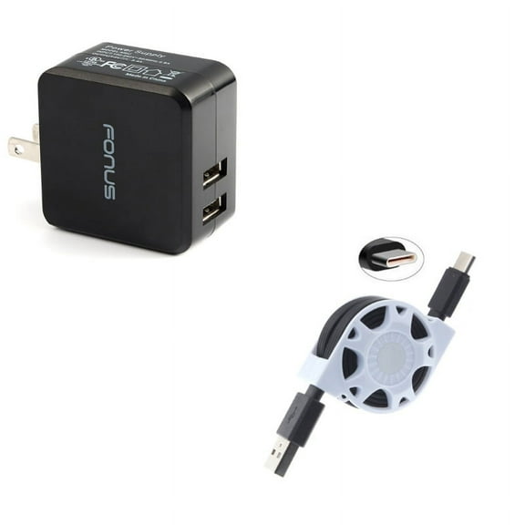 2-Port USB 17W Home Charger w Type-C Retractable USB Cable V7E for Samsung Galaxy Tab S5e 10.5 S4 10.5 Note 10 Plus A 10.1 (2019) Fold A20 A10e - Sony Xperia 5 10 Plus 1 - Xiaomi Redmi Note 7