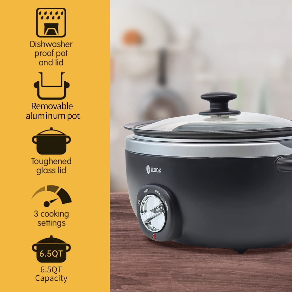 Slow Cooker, 6.5 Quart, Glass Lid, Adjustable Temp, Food Warmer (Black)