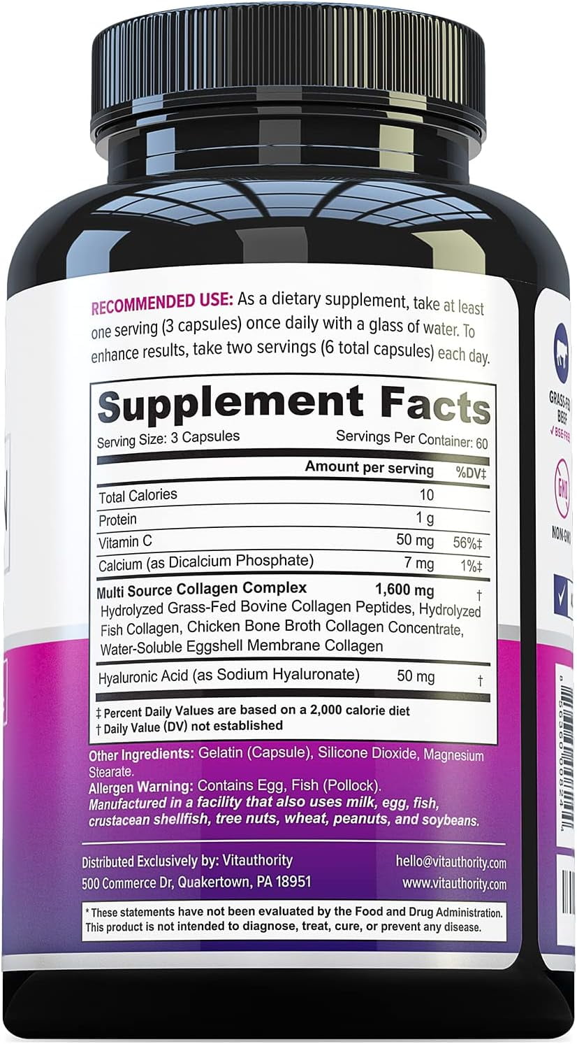 Vitauthority Multi Collagen Peptides Dietary Supplement Capsules, Hydrolyzed Collagen Vitamin Pills with Vitamin C and Hyaluronic Acid, 180 Count