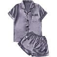 thumbnail image 1 of Ensemble de Pyjama 2 Pcs en Satin pour Femmes, Bouton avant, Manches Courtes, 1 of 5