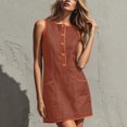 thumbnail image 5 of Wovilon Women's Round Neck Sleeveless A-Line Mini Dress, Button Front Contrast Trim Pocket Shift Top, Relaxed Lightweight Breathable Cotton Linen Blend Solid, 5 of 7