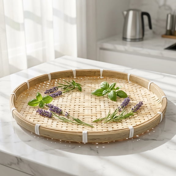 DEEPCRAFF Beige Woven Basket Tray for Home Use, Multifunctional Vegetable Dryer, Fruit Serving and Storage