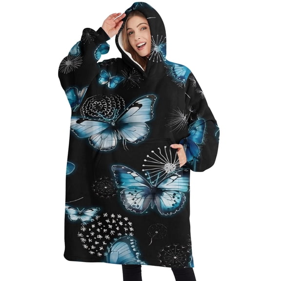 Oversized Wearable Blanket Hoodie,Black Blue Butterfly Dandelion Pattern Sherpa Blanket Hoodie with Super Pockets,Super Warm Fuzzy Pullover for Women & Men