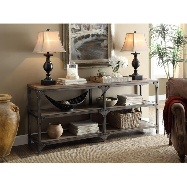72" X 16" X 30" Weathered Oak And Antique Silver Console ...