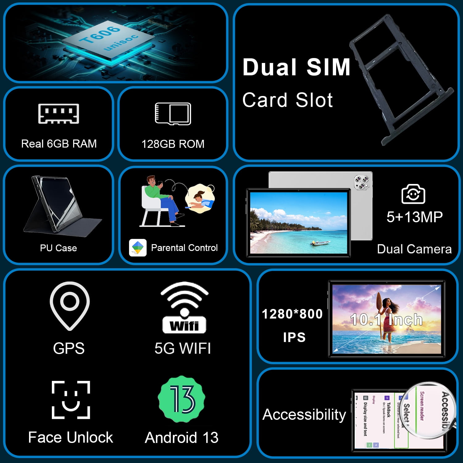 Android 13 Tablet, Android Tablet with SIM Card Slot Unlocked , 4G LTE GSM Cellular Phone Tablet with Octa-Core 6GB RAM 128GB ROM GPS WiFi Case Dual Camera Speaker, 10 Inch