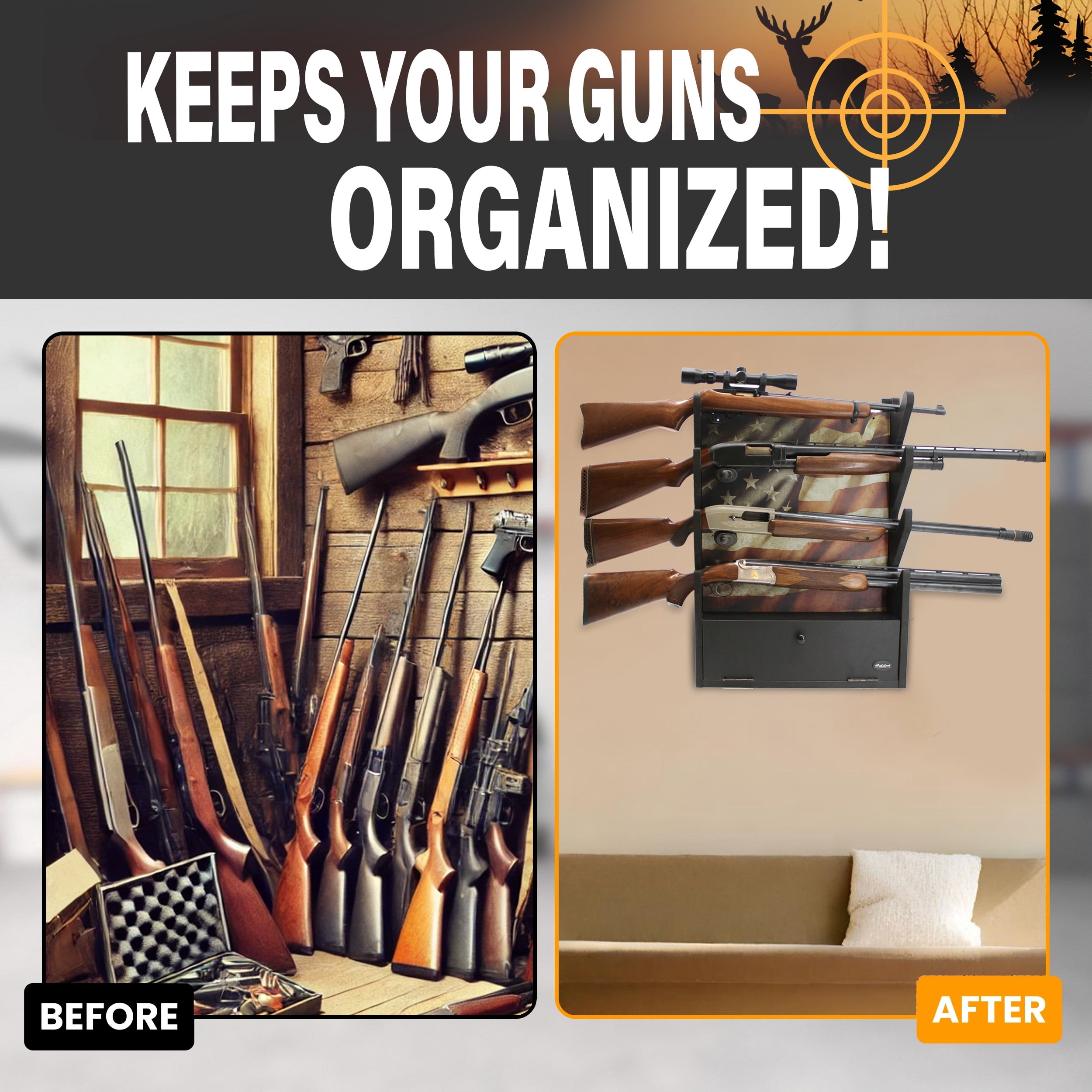 Rush Creek Creations Americana 4-Gun Rifle & Shotgun Wall Rack