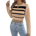thumbnail image 2 of Women Casual Color Block Stripe Ribbed Crew Neck Slim Cropped Long Sleeve Knit Pullover Sweater Khaki M, 2 of 10