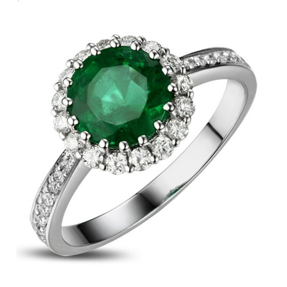 1 Carat Emerald and Diamond Halo Engagement Ring in White Gold