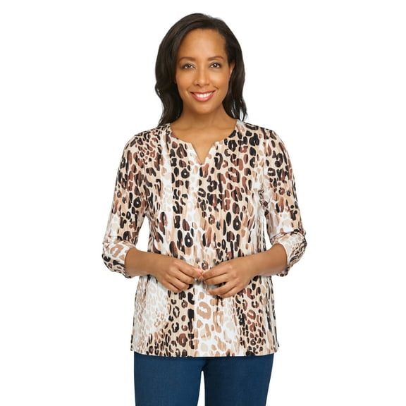Alfred Dunner Womens Animal Print Button Front Blouse