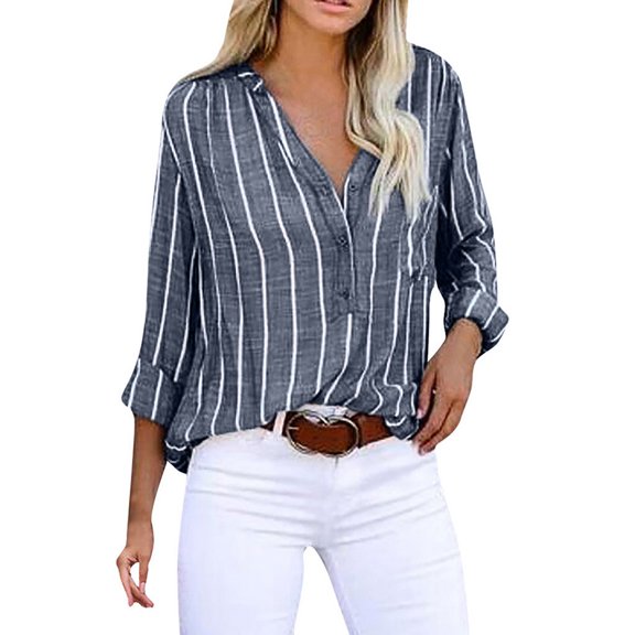 EINCcm Blouses for Women, Plus Size Casual Button-Down Shirts V Neck Roll Up Cuffed Long Sleeve Striped with Pockets, Summer Fall Womens Tunic Tops Blouses Tees Shirts