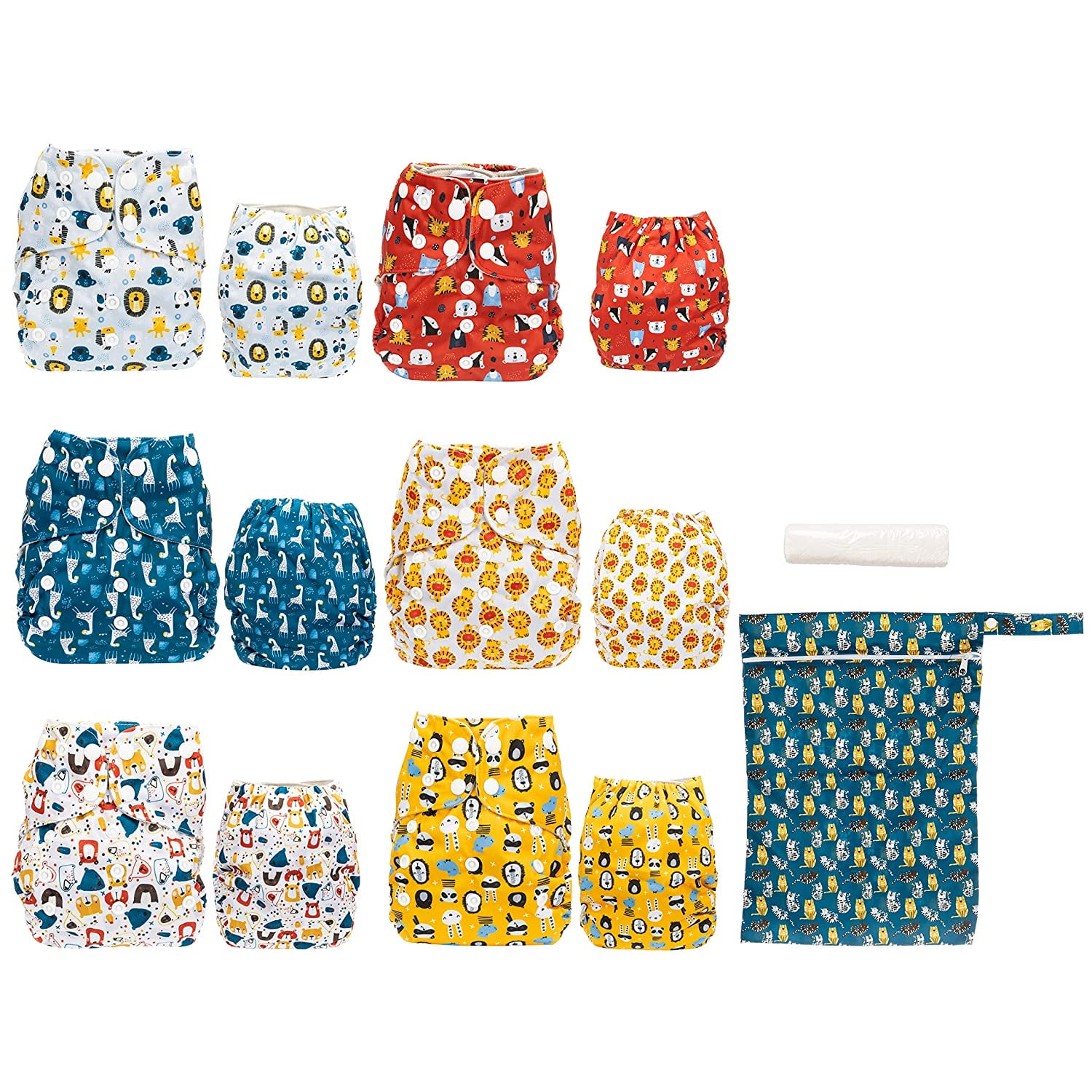 Simple Being Reusable Cloth Diapers,6 Pack Pocket Adjustable Size,Waterproof Cover,6 Inserts,Wet Bag, Double Gusset (Boy Animals)