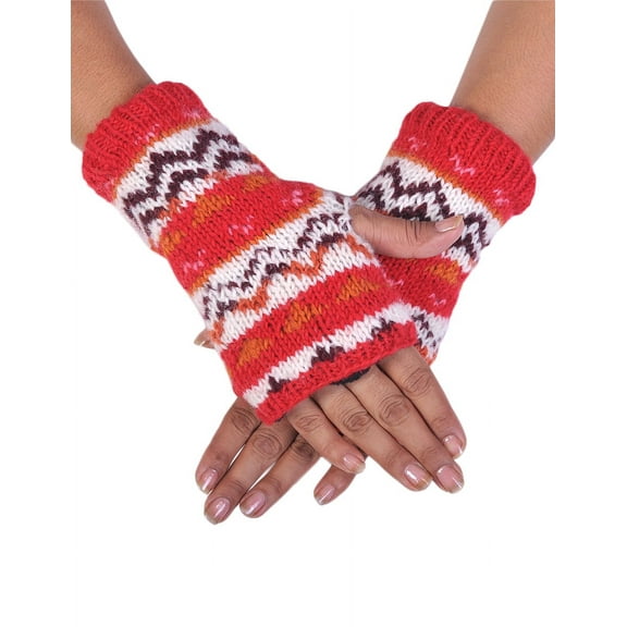 The Collection Royal Fingerless Hand Knitted Cozy Woolen Tribal Mitten Gloves Handwarmer Red