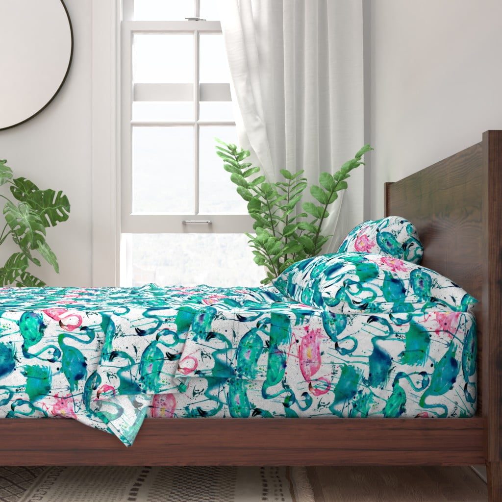 Teal + Pink Flamingos Flamingo 100 Cotton Sateen Sheet Set by Roostery