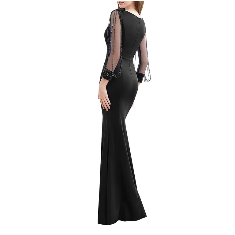 Dresses for Work Long Sleeve Prom Dress for Women Beads Mesh Sleeve Maxi  Dress Bodycon Fall Mermaid Party Wedding Long Dresses S-12 Black XL -  Walmart.com