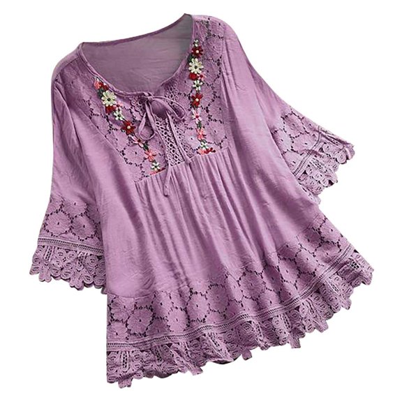 Plus Size Blouse Women Vintage Lace Patchwork Bow V-Neck Shirt Embroidery Summer Three Quarter Retro Solid Top Dressy Lightweight Comfy Outfits Going Out Tops Ladies Fashion Trendy