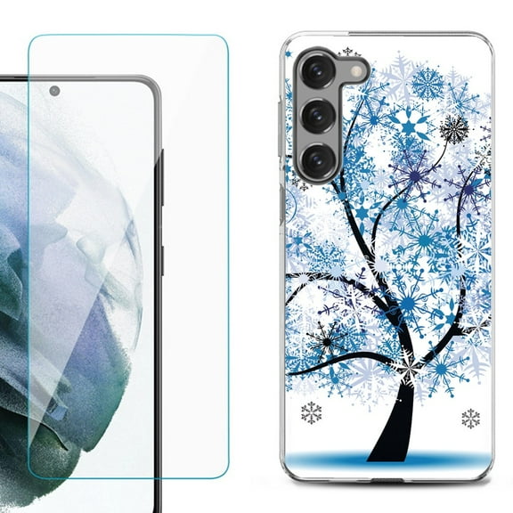 Shockproof Fashion Phone Case for Samsung Galaxy S23  / S23 Plus 5G, with Tempered Glass Screen Protector, by OneToughShield ® - Snowflakes Tree