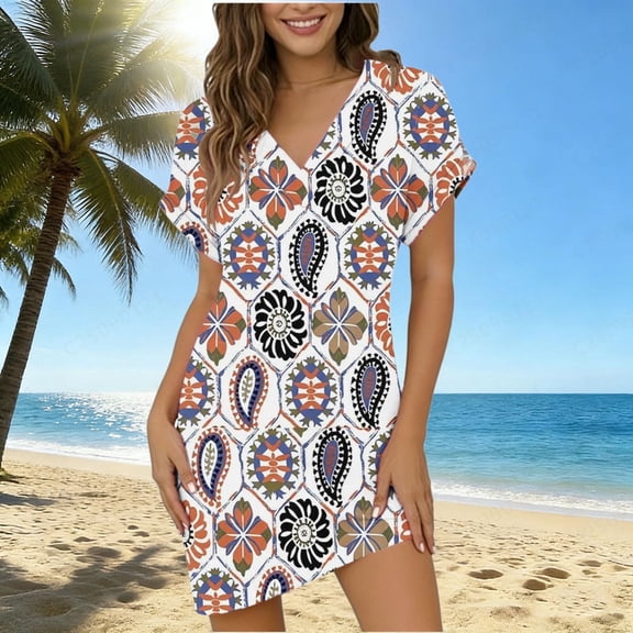 Ynynloco Womens Short Sleeve Dresses Casual V Neck Tribal Print Button Flowy Boho Mini Beach Short Dress