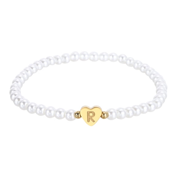 Uxcell Pearl Initial Bracelet for Women, Gold Heart Charm Dainty Pearl Letter Bracelets for Women Wedding Trendy Birthday Gifts, R