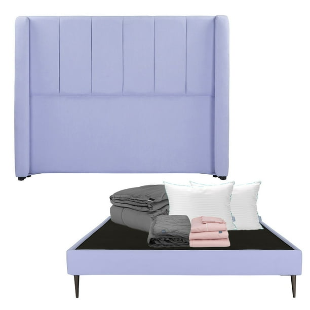 Box Base Cama Slim Queen Size+Cabecera Foss Lila+Almohada Royal Twin+Protector Lux+Sabanas Royal+Edredon Homy