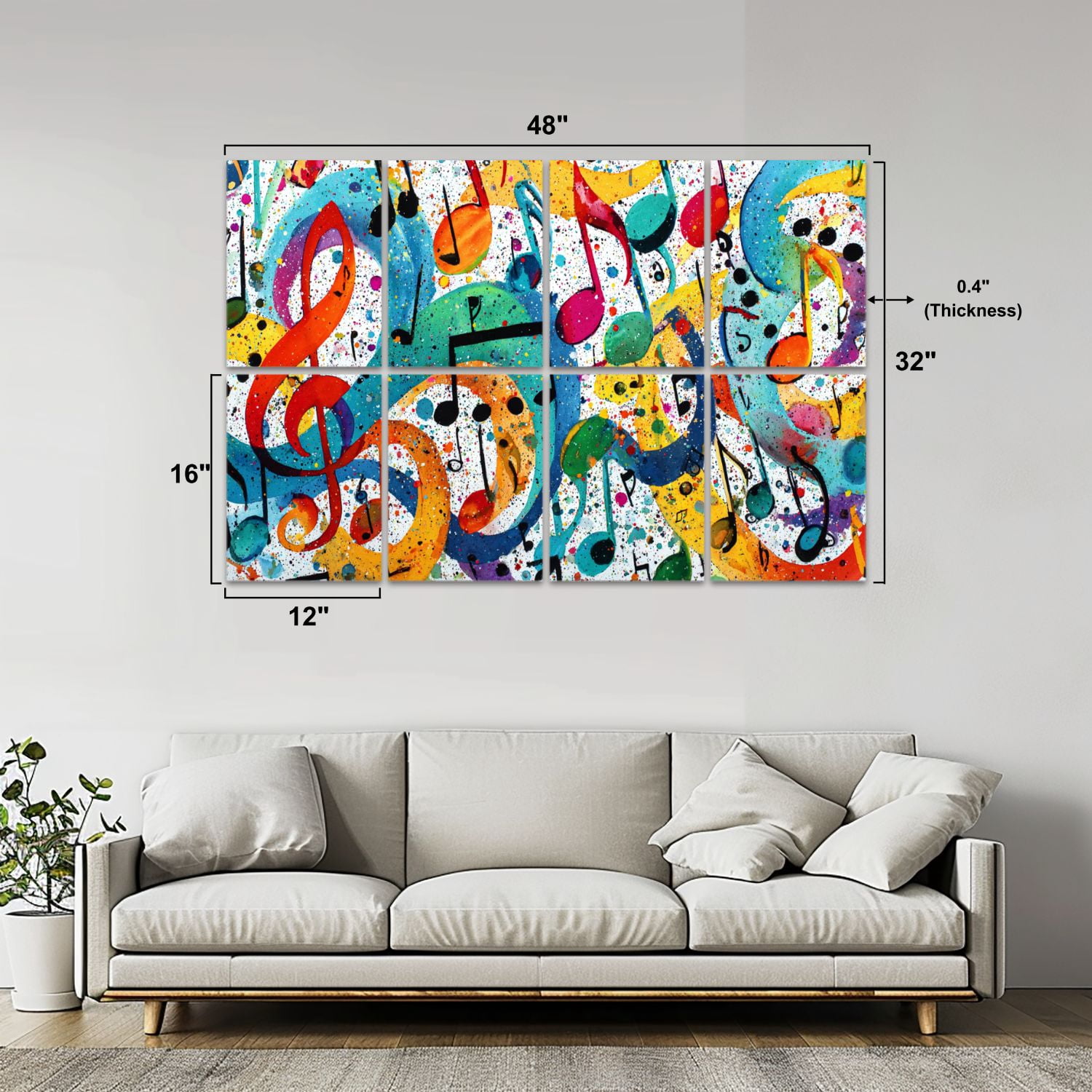 8 Pack Art Acoustic Panels Sound Absorbing Rainbow Colorful Musical Notes Watercolor Treble Clef Symbol Musical Decorative Soundproof Wall Panels Self Adhesive for Nursery Game Room Bedroom 48"x32"