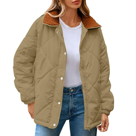 Hueook Barn Jackets for Womens Winter Casual Quilted Jacket Long Sleeve Button Down Jacket Thickened Coat Khaki M