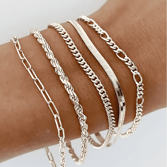 5 Pieces Sterling Silver Cuban Bracelets, Waterproof Bracelets, Men and Women Fashionable Delicate Stackable Cuban Link Paperclip Chain Bracelet Set Fashion Accessories Gifts