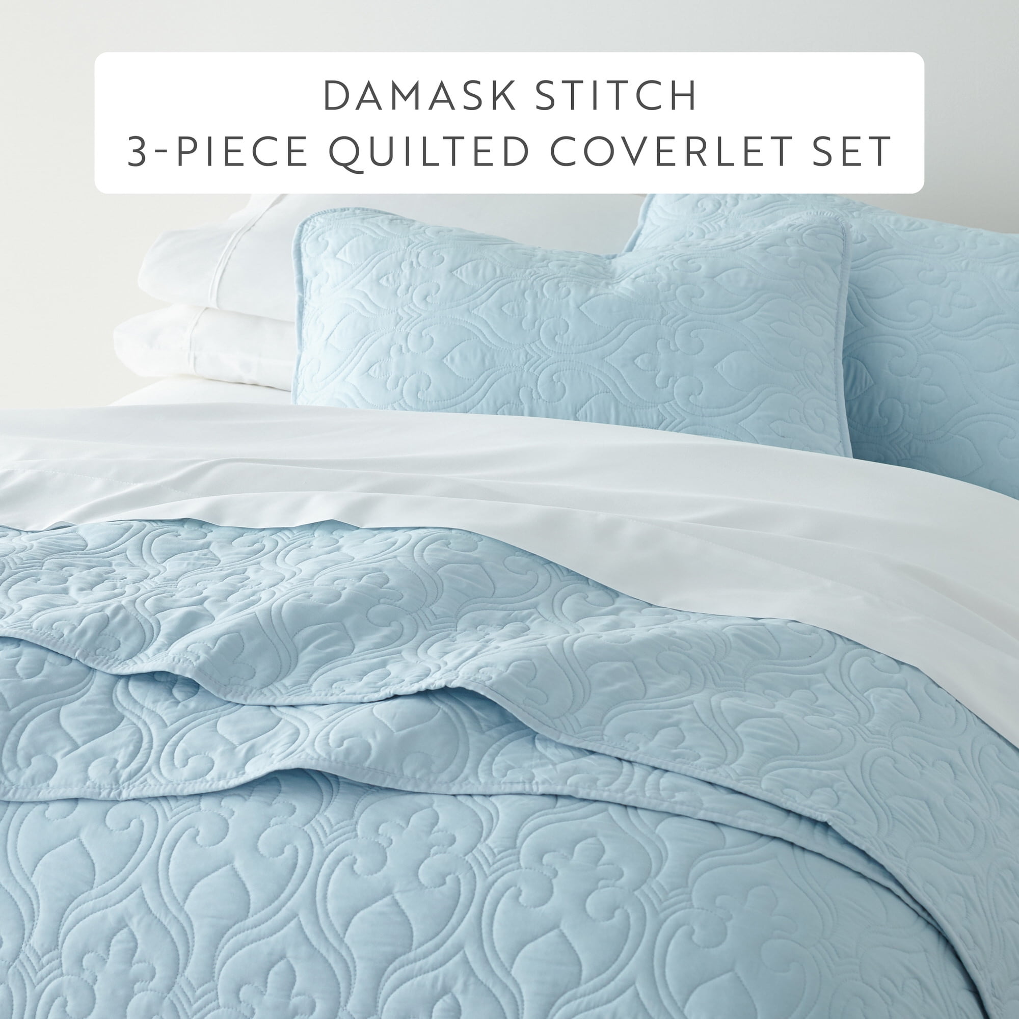 Noble Linens Pale Blue Damask Pattern Quilted Coverlet Set, King / CalKing