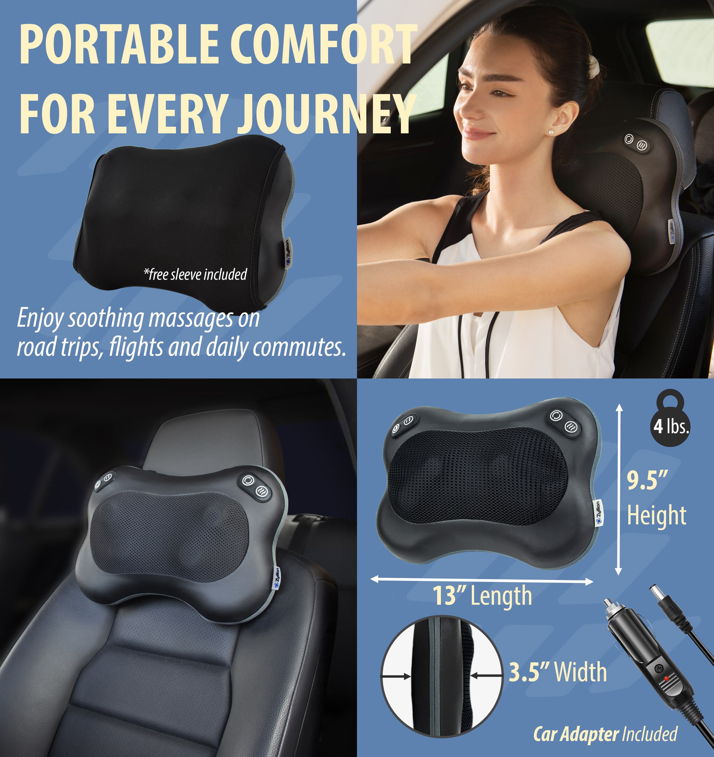 Zyllion Shiatsu Back & Neck Massager 3D Kneading 2-Speed Massage Pillow with Heat for Muscle Pain, Black