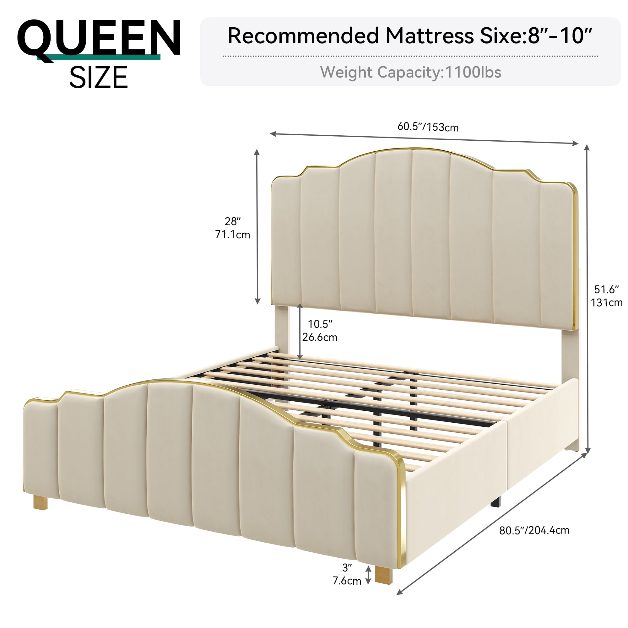 Dextrus Queen Luxurious Velvet Upholstery, Tall Headboard Bed Frame,No Box Spring Required - Gray
