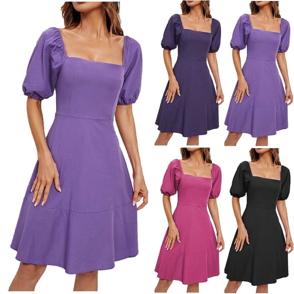 Daiosportswear Women's Square Neck Puff Short Sleeve Dresses Casual Summer High Waist Solid Cocktail Party Dresses Purple XL