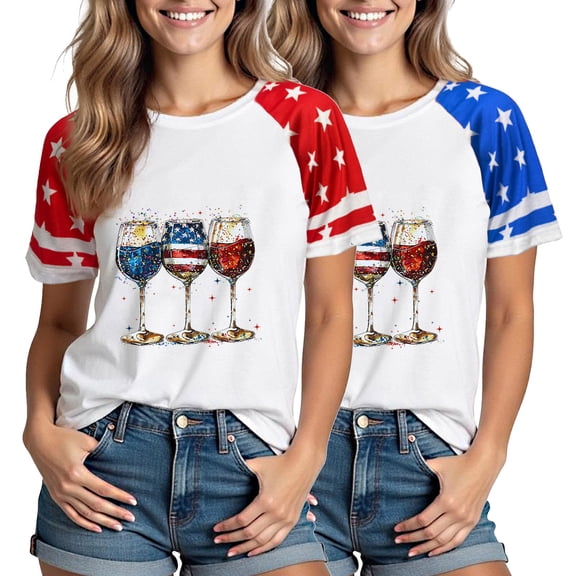 Jsaierl Women's 4th of July Tops Plus Size Patriotic Red White and Blue Print Tees Elegant Short Sleeve Tshirts Round Neck Lightweight Blouses Shirts