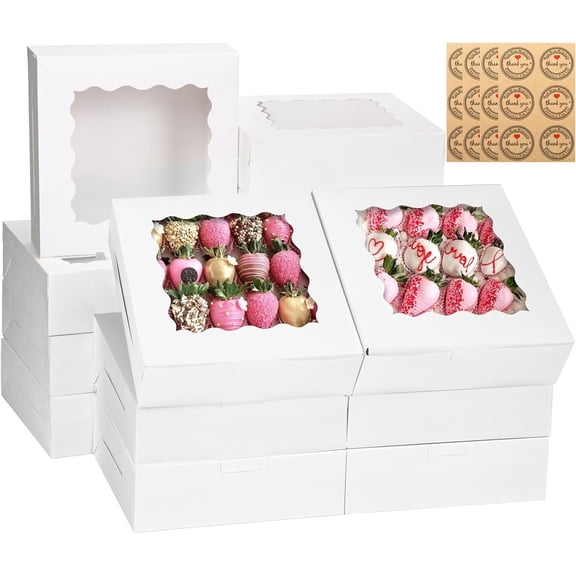 24 Pcs Bakery Boxes, 8x8x2.5 Cookie Boxes with Window, White Treat Containers for Wedding, Birthday, Donuts, Chocolate Strawberries, Pie