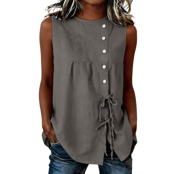 aohooy Women Summer Tops Button Down Sleeveless Shirts Tie Front Gauze Tunic Blouse Crew Neck Loose Button Tank Top Gray,L