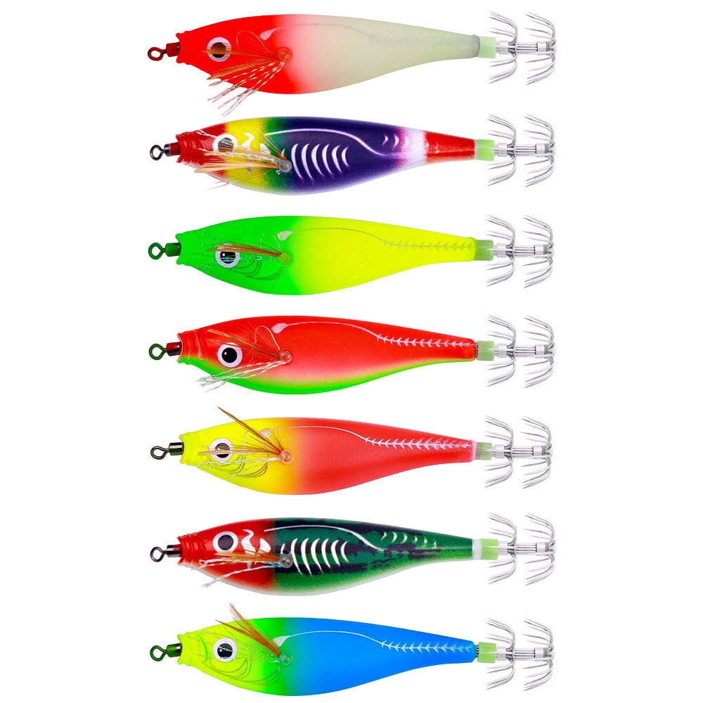 7PCS Glow Squid Jig Shrimp Lures Fishing Bait Hook Octopus 9.5cm/10g Saltwater