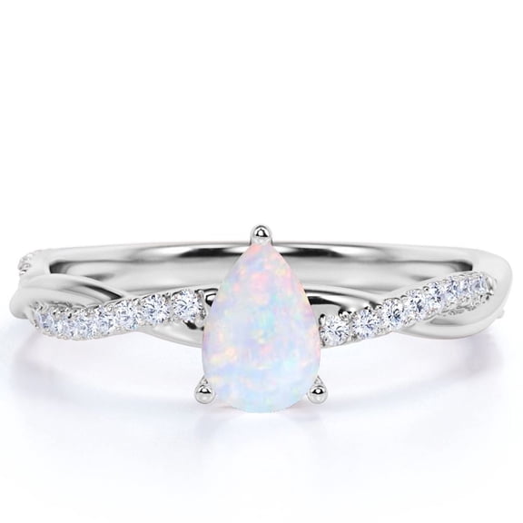 JeenMata 1.75 Pear Shaped Welo Opal and Moissanite Twist Engagement Ring in 18K White Gold over Silver