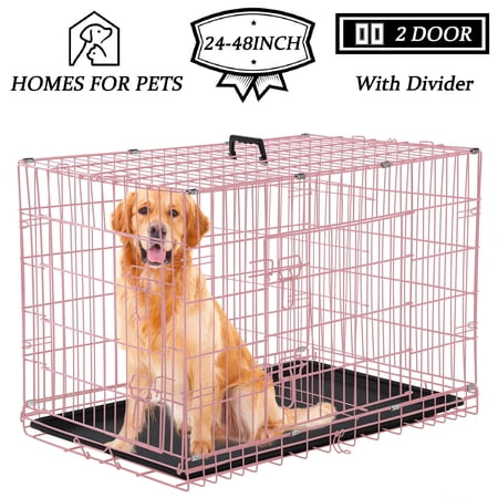 YRLLENSDAN 42 inch Foldable Large Dog Crate for Large Dogs  Metal Wire Dog Cage with Plastic Tray and Handle Double-Door Outdoor Dog Crates and Kennels for Medium Dogs  Pink