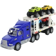 Scale 1:32 Blue Friction Powered Transport Trailer Detachable Tractor Truck with 4 Toy Vehicle Pickup Trucks for Children
