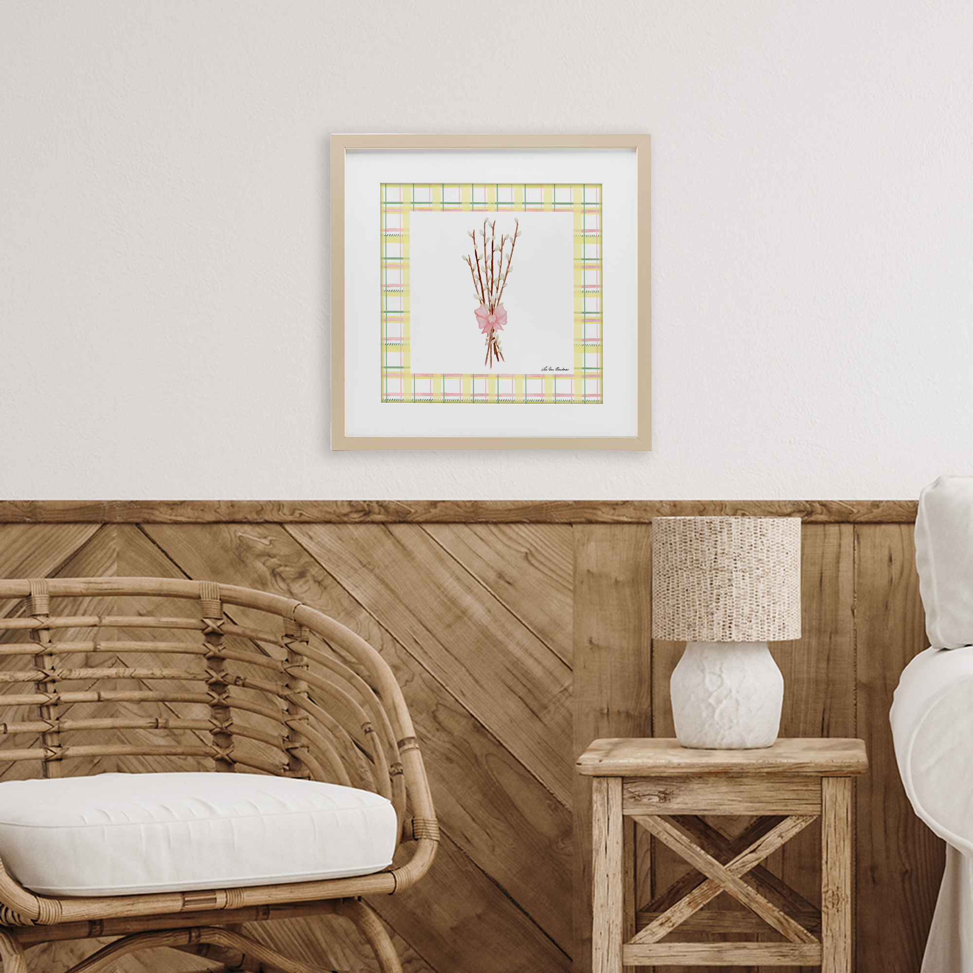 Pastel Spring Pussy Willow Birch Framed Print Under Glass, design by Lee Ann Sanders