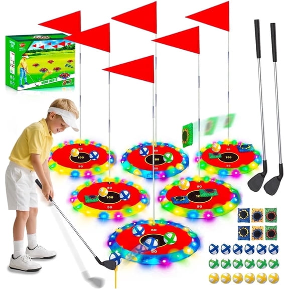 TERRAMUS Kids Golf Chipping Game Set with 2 Clubs and 6 LED Targets, 2-in-1 Bean Bag Toss Game Indoor Outdoor Sports Game Set, Toys for Boys Ages 5 