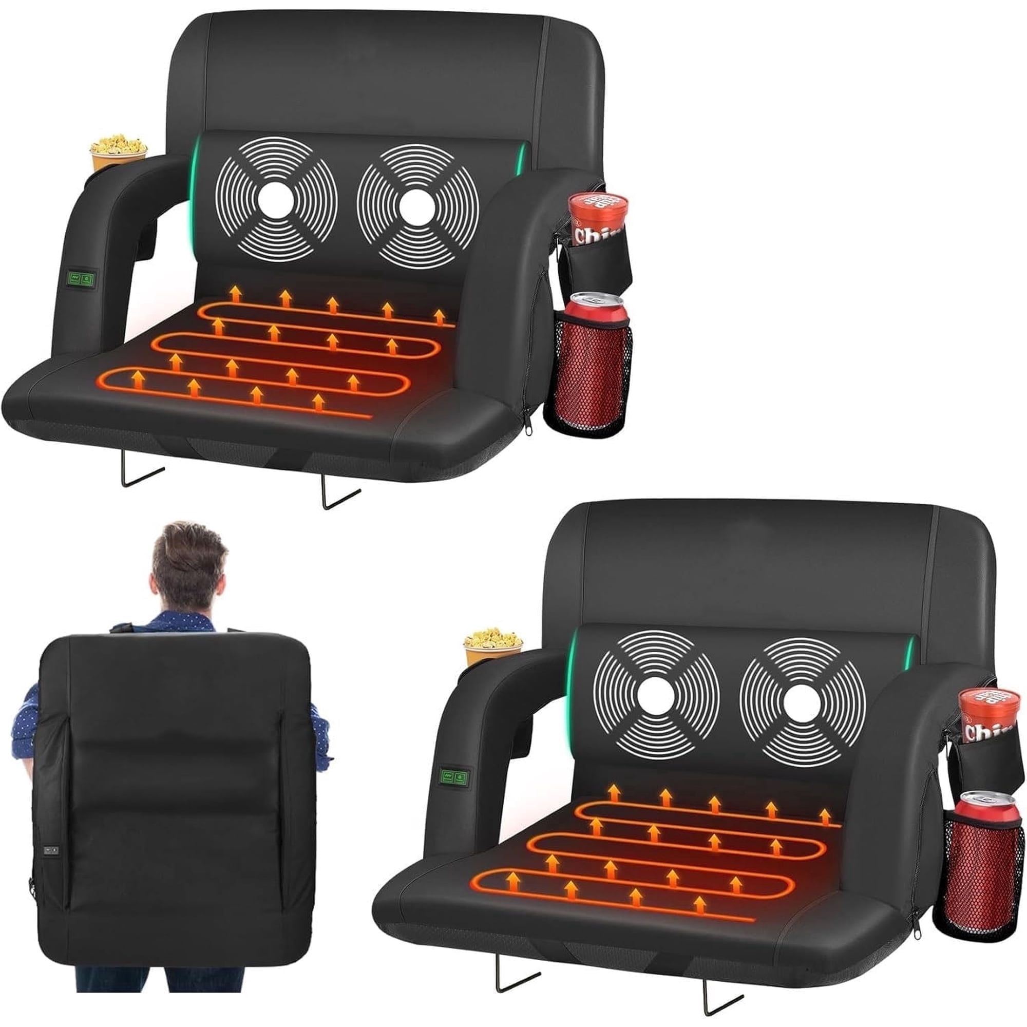 PNKKODW 2PCS 21" Heated Massage Stadium Seats for Bleachers with Back Support, Portable Stadium Chair with 6 Reclining Positions, Armrest, for Outdoor(NO BATTERY)