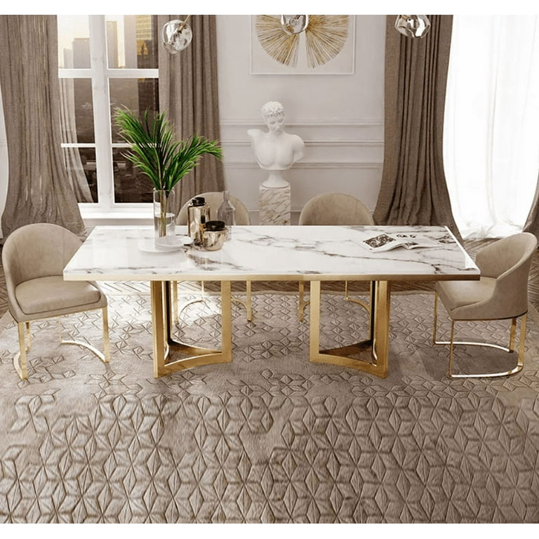CLEARANCE Bura Modern Marble Dining Table with Rectangular Tabletop Gold Stainless Legs for Kitchen and Dining Room
