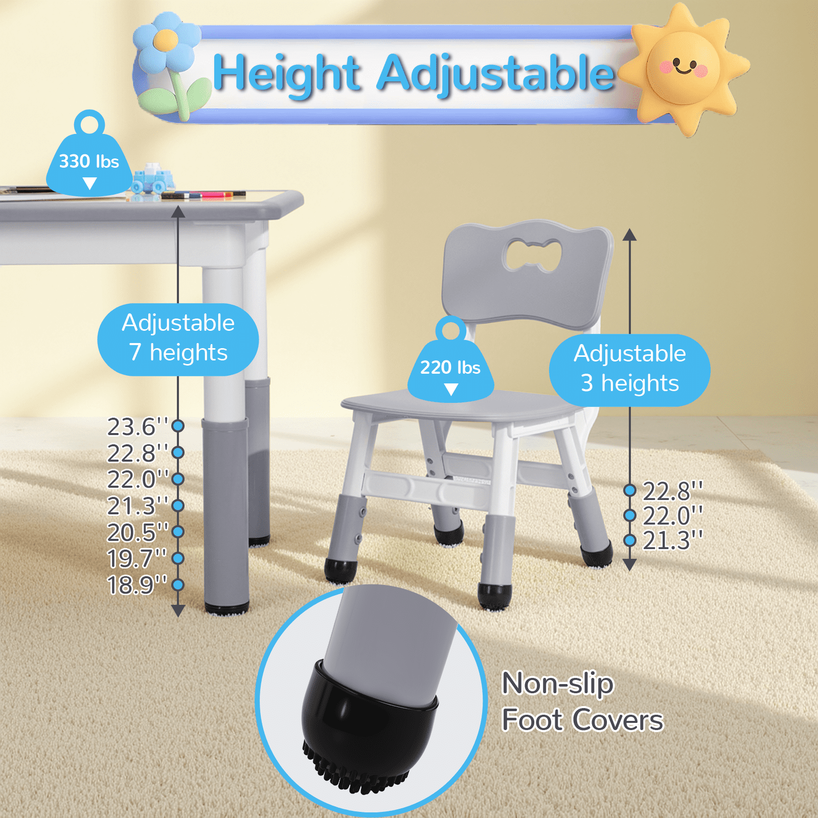 Arlopu Kids Table and 2 Chairs Set, Height-Adjustable Toddler Table and Chairs Set w/ Graffiti Desktop for Reading & Drawing, Children Activity Table w/ Non-Slip Legs for Daycare,Classroom,Preschoo