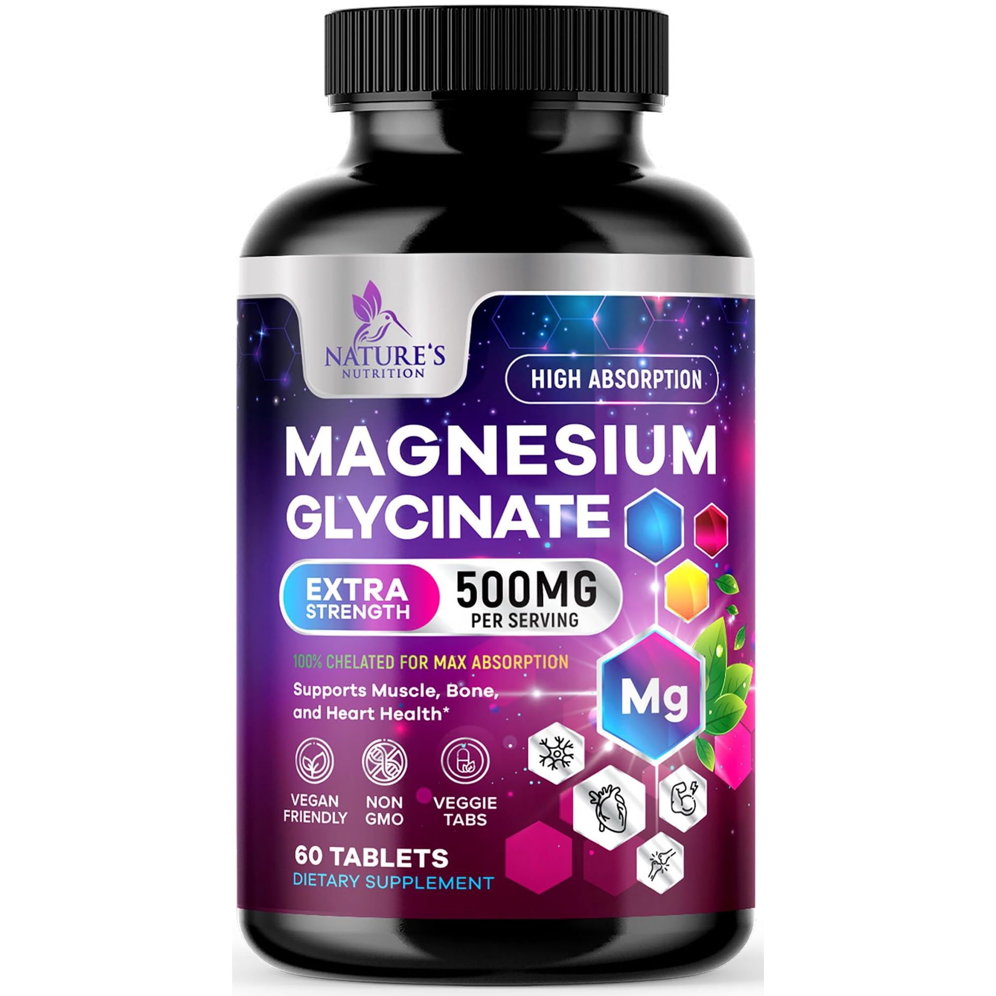 Magnesium Glycinate Supplement 250mg - 100% Chelated & Purified - to Support Sleep, Heart Health, Muscles, & Bone Strength - Best Absorption Magnesium Glycinate Capsules, Bottled in USA - 60 Tablets