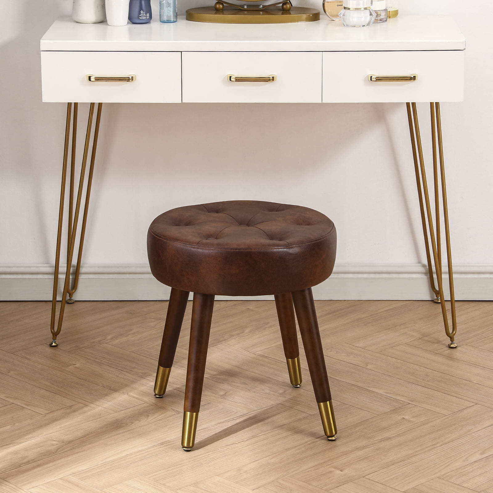 Furniliving Leather Round Vanity Stool Tufted Makeup Chair Upholstered