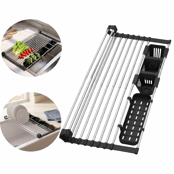Black Expandable Roll Up Dish Drying Rack – Over The Sink Kitchen Rolling Up Dish Drainer, Foldable Dish Rack with 2 Storage Baskets, Expandable Width Up to 22.8"
