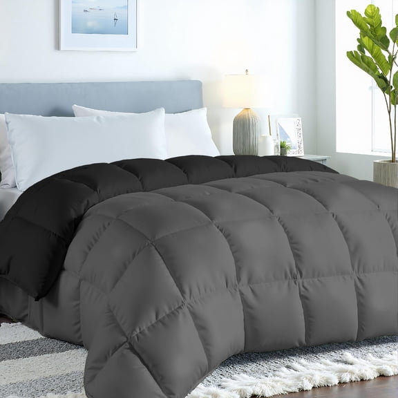 ROYALE LINENS Reversible Comforter - Full Size Duvet Insert - All Season Soft Quilted Comforters with 8 Corner Tabs - Down Alternative Bedding Comforter - Duvet Insert (Black/Charcoal, Full 82"x86")