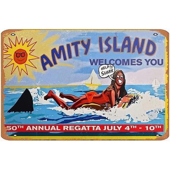 Amity Island Welcomes You Poster Tin Wall Sign Retro Iron Tin Sign Wall Poster Decor Funny Retro Bar Coffee Pub Gift Wall Decor Sign 8x12 Inch