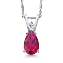 Gem Stone King 14K White Gold Red Created Ruby and White Topaz Pendant Necklace for Women | 1.04 Cttw | Gemstone July Birthstone | Pear Shape 7X5MM | With 18 inch Chain