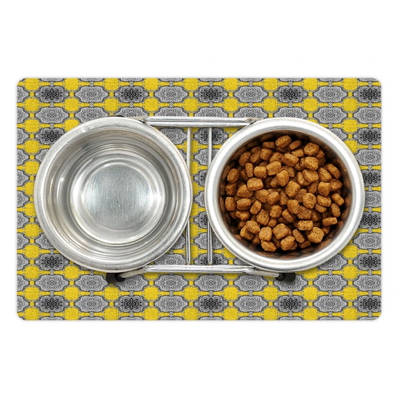 Renaissance Pet Mat for Food and Water, Retro Damask Motif Mosaic Tiles with Antique Ornamental Baroque Effects, Non-Slip Rubber Mat for Dogs and Cats, 18" X 12", by Ambesonne