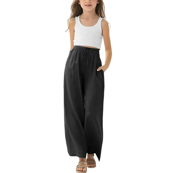 PINQI Girls Cotton Linen Palazzo Long Pants Flowy Wide Leg Beach Soft Trousers with Pockets High Waist Casual Baggy Loose